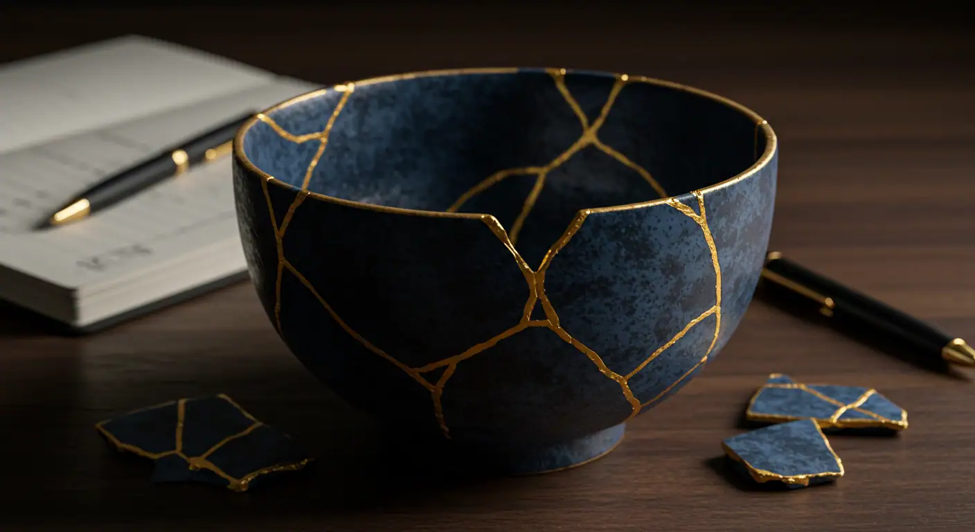 La Resiliencia Convierte las Cicatrices en Fortalezas Arte Kintsugi simbolizando la resiliencia empresarial y el aprendizaje del fracaso