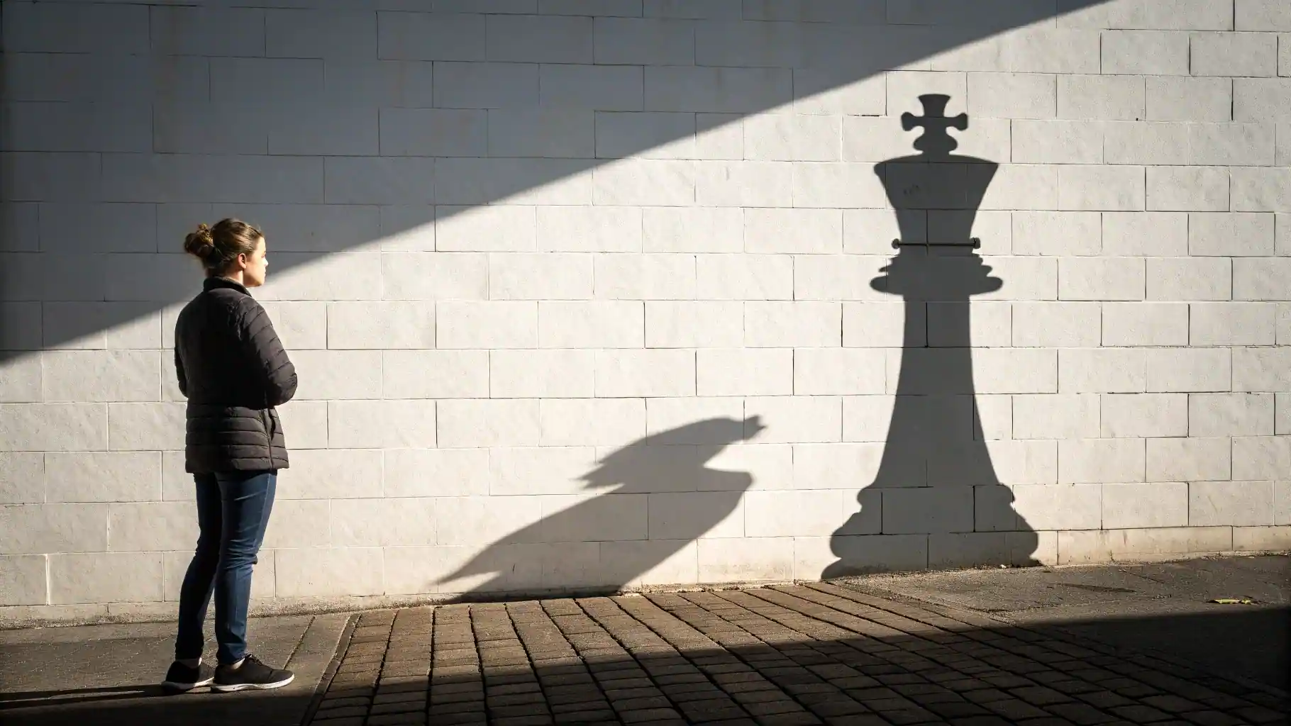 Un emprendedor enfrentando el síndrome del impostor y descubriendo su verdadero potencial y autoridad, simbolizado por una sombra poderosa.