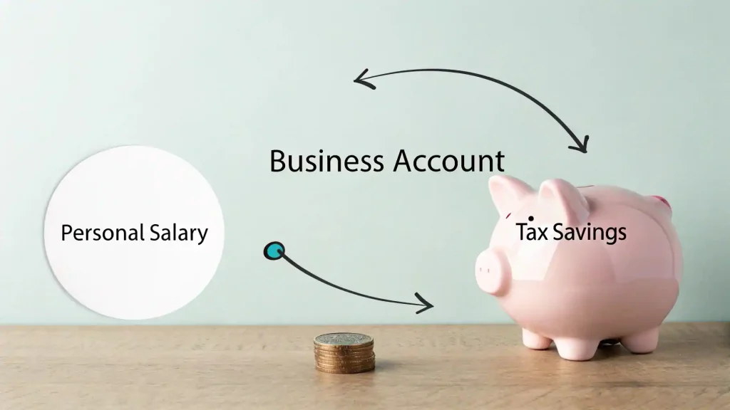 Análisis 360 del sistema de flujo de dinero para un negocio rentable, mostrando la separación estratégica del sueldo y los ahorros para impuestos.