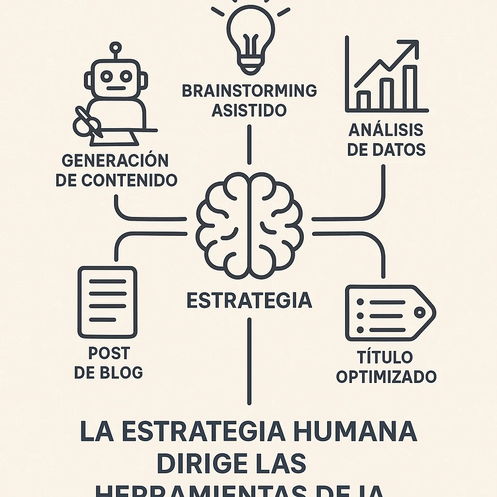 Infografía mostrando cómo la estrategia humana dirige los usos inteligentes de la IA en SEO para obtener resultados.