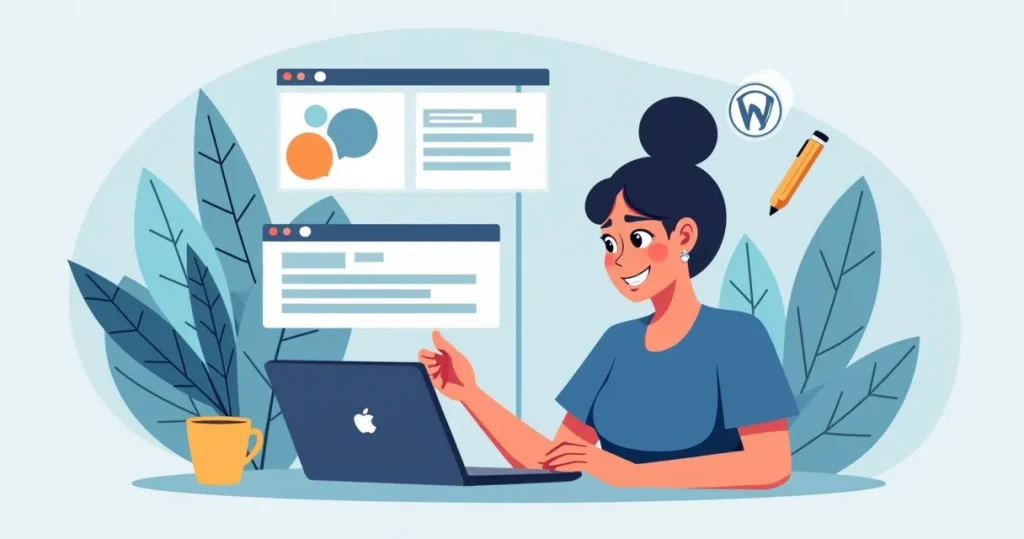 Emprendedor aprendiendo a usar el panel de WordPress con iconos de temas y plugins, guía para principiantes.