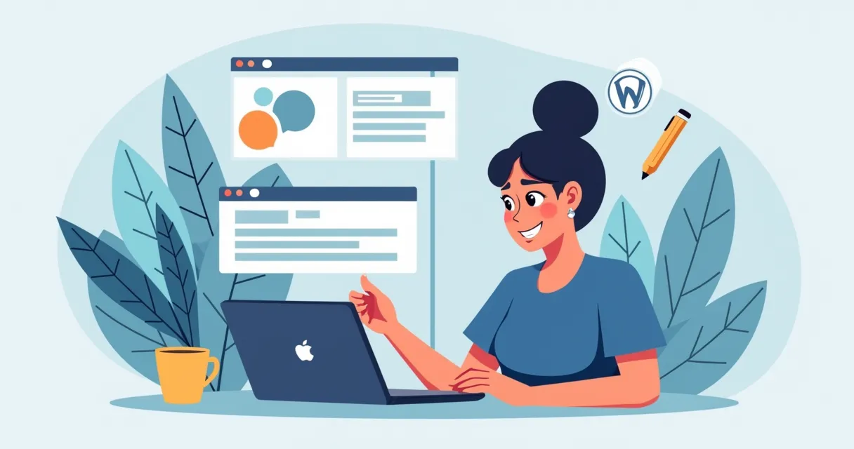 Emprendedor aprendiendo a usar el panel de WordPress con iconos de temas y plugins, guía para principiantes.